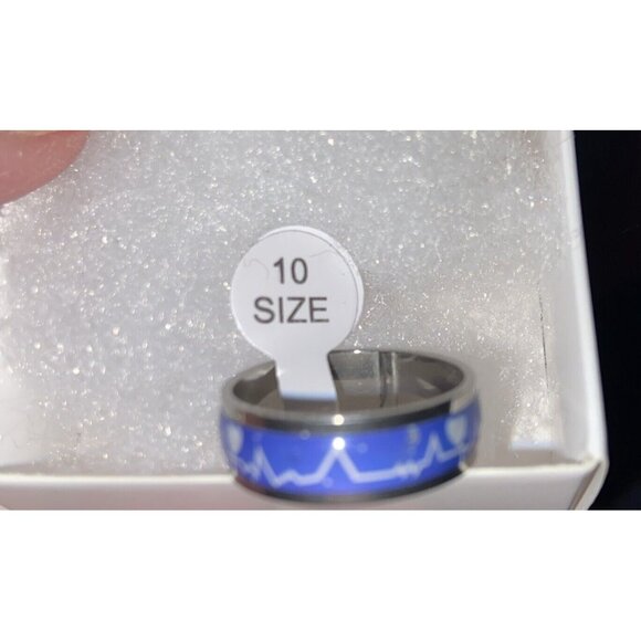 Stainless Steel & Enamel Ring Heart & EKG On Blue Background 20mm-Boxed-Size 10 - Picture 2 of 3